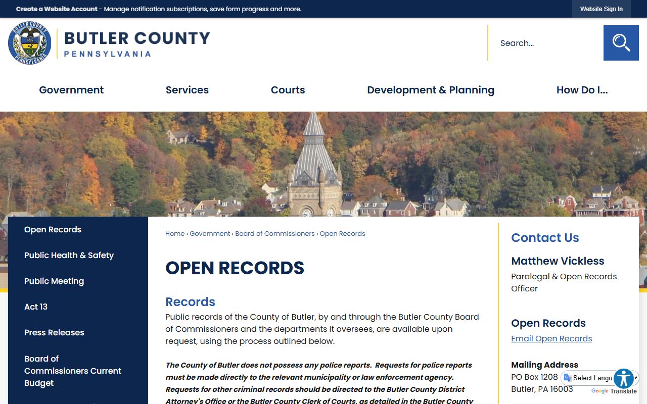 Butler County open records page for jail mugshot and booking photo requests