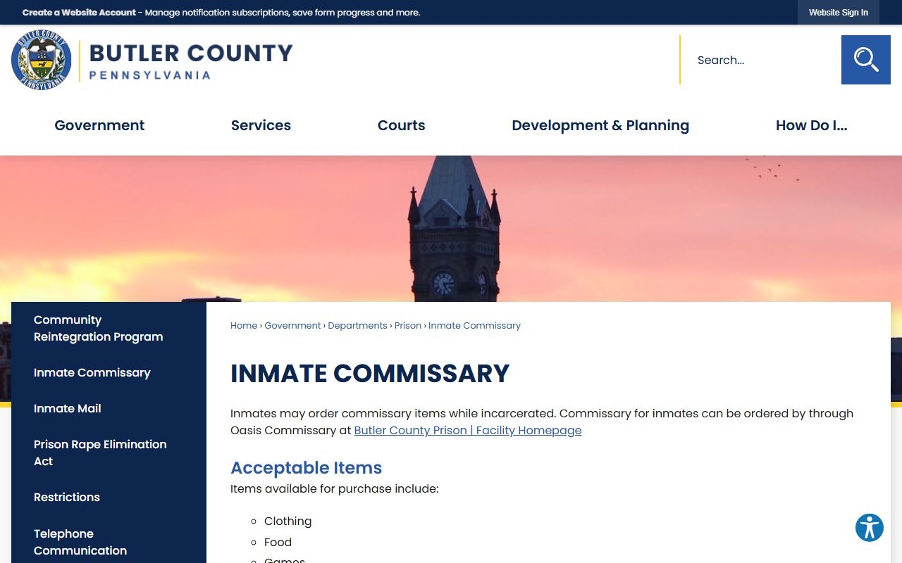 Butler County Prison commissary and JailATM money deposit page