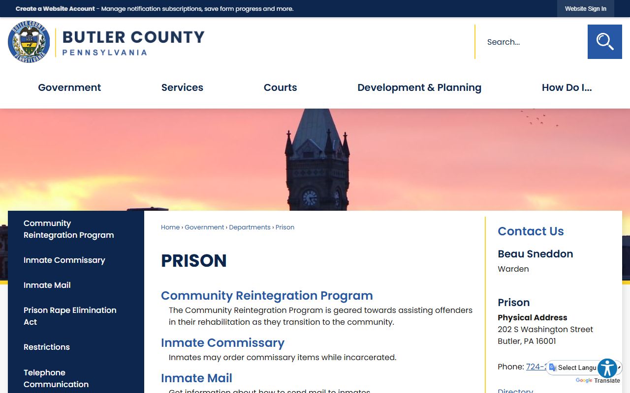 Official Butler County Prison page with facility service links