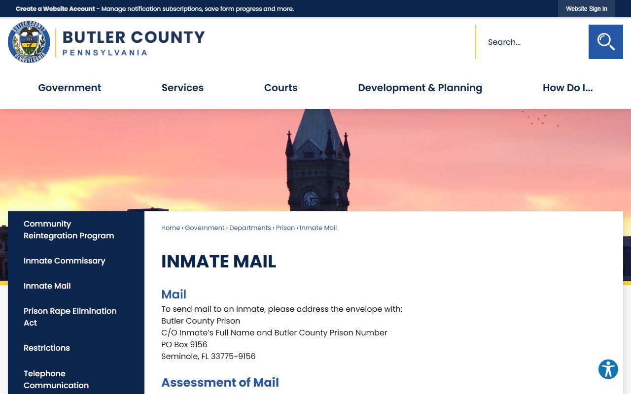 Butler County Prison personal mail and legal mail rules
