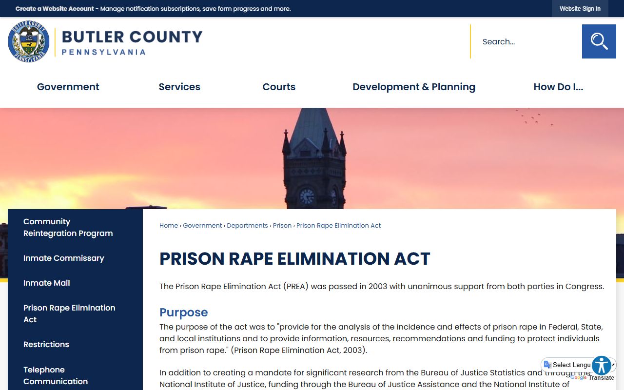 Butler County Prison PREA reporting numbers and audit links